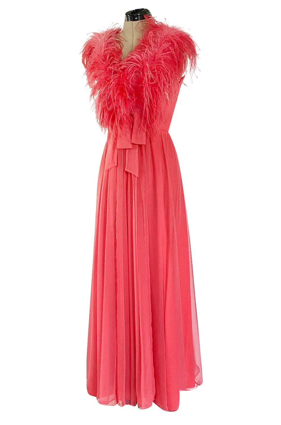 1970s Jack Bryan Bright Coral Pink Chiffon Dress w Feather Detailed Bodice