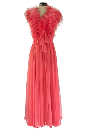 1970s Jack Bryan Bright Coral Pink Chiffon Dress w Feather Detailed Bodice