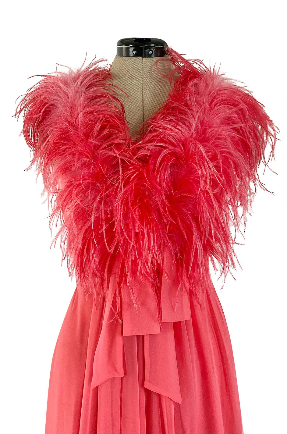 1970s Jack Bryan Bright Coral Pink Chiffon Dress w Feather Detailed Bodice