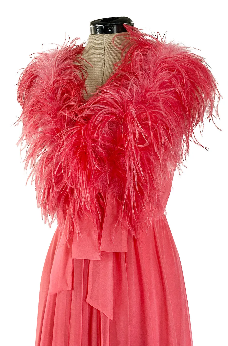 1970s Jack Bryan Bright Coral Pink Chiffon Dress w Feather Detailed Bodice
