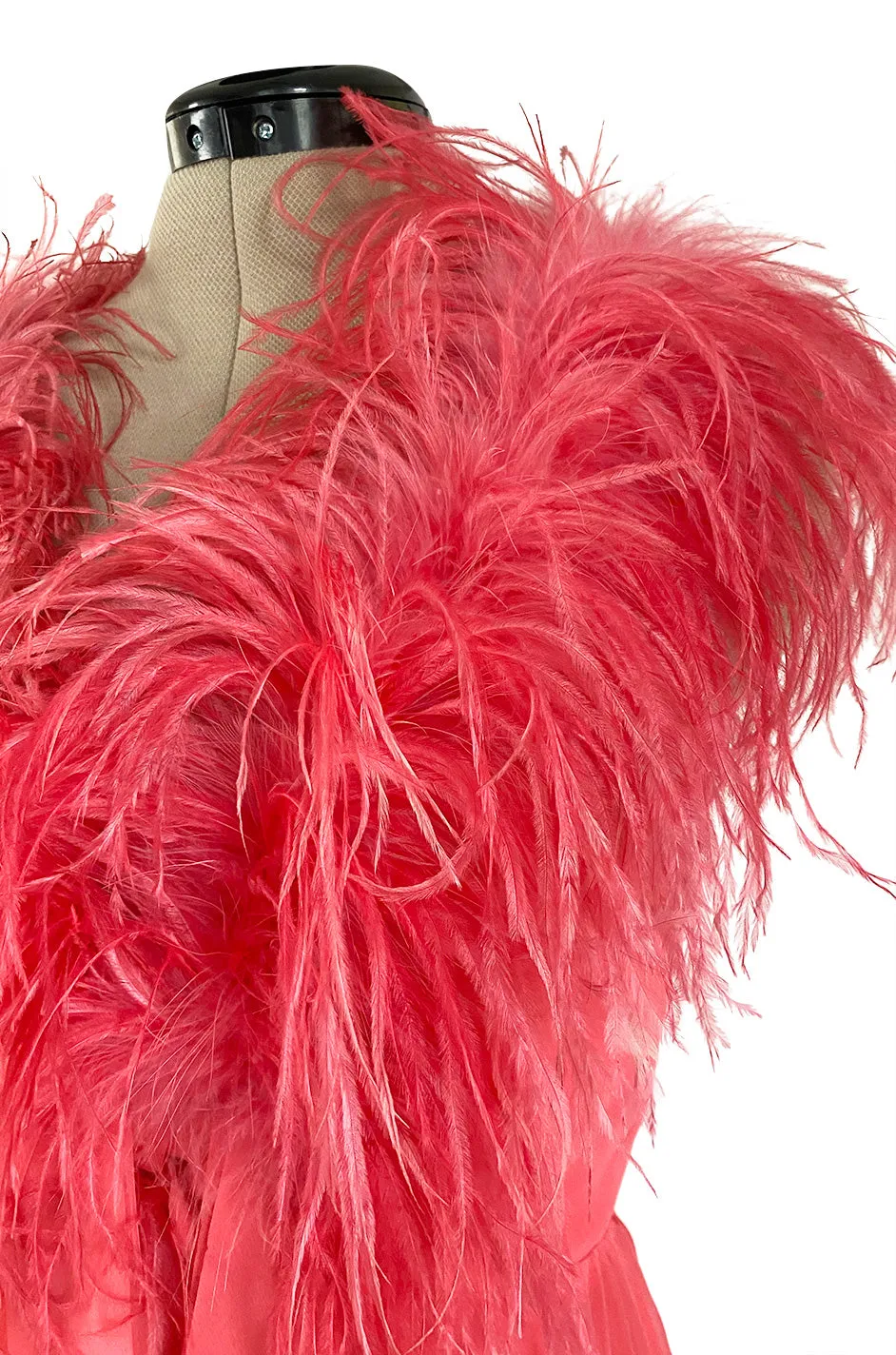 1970s Jack Bryan Bright Coral Pink Chiffon Dress w Feather Detailed Bodice