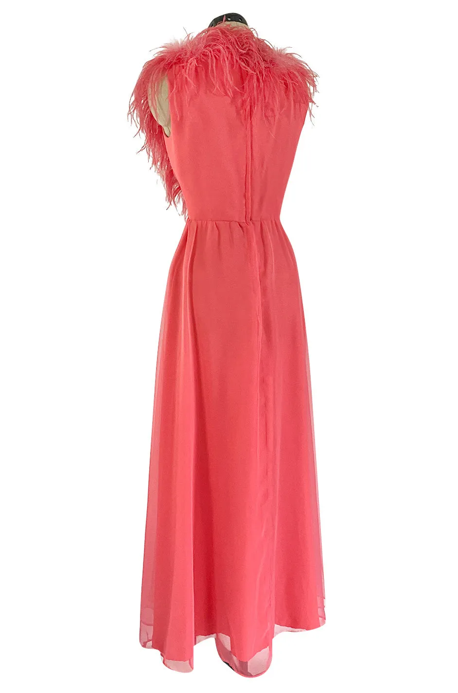 1970s Jack Bryan Bright Coral Pink Chiffon Dress w Feather Detailed Bodice