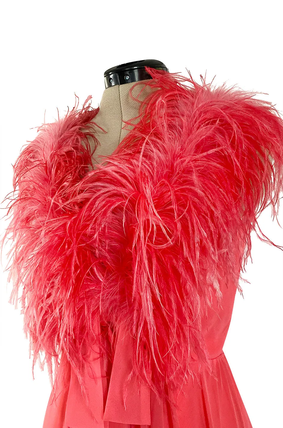 1970s Jack Bryan Bright Coral Pink Chiffon Dress w Feather Detailed Bodice