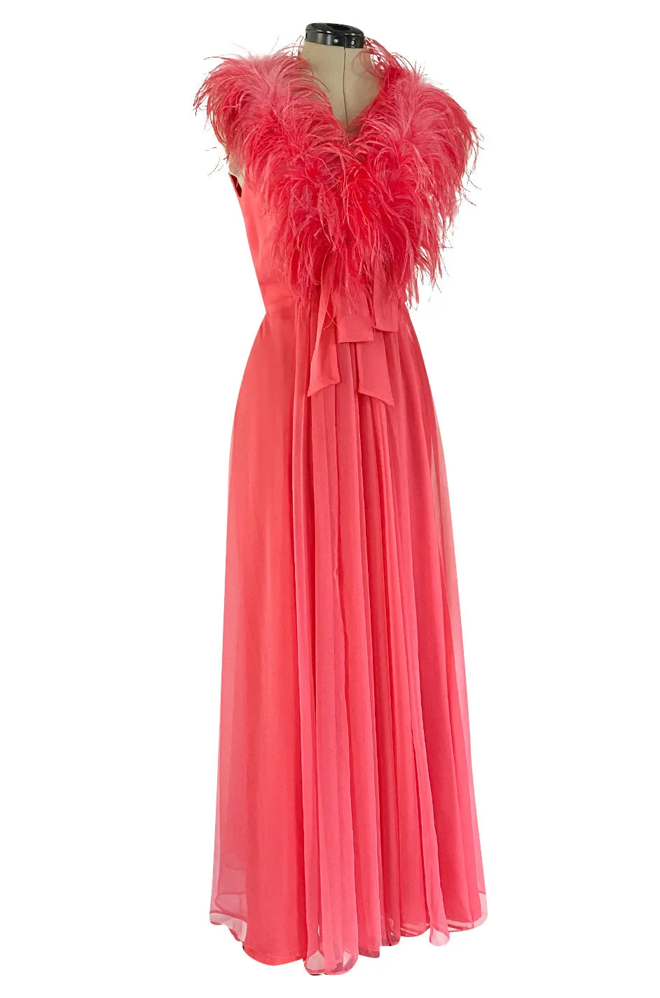 1970s Jack Bryan Bright Coral Pink Chiffon Dress w Feather Detailed Bodice