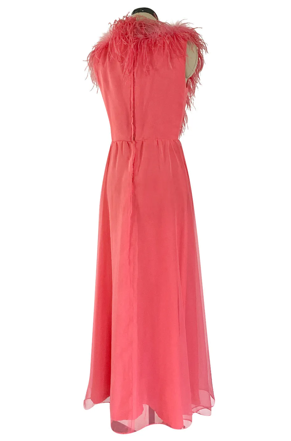 1970s Jack Bryan Bright Coral Pink Chiffon Dress w Feather Detailed Bodice