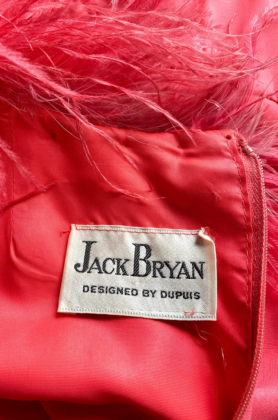 1970s Jack Bryan Bright Coral Pink Chiffon Dress w Feather Detailed Bodice