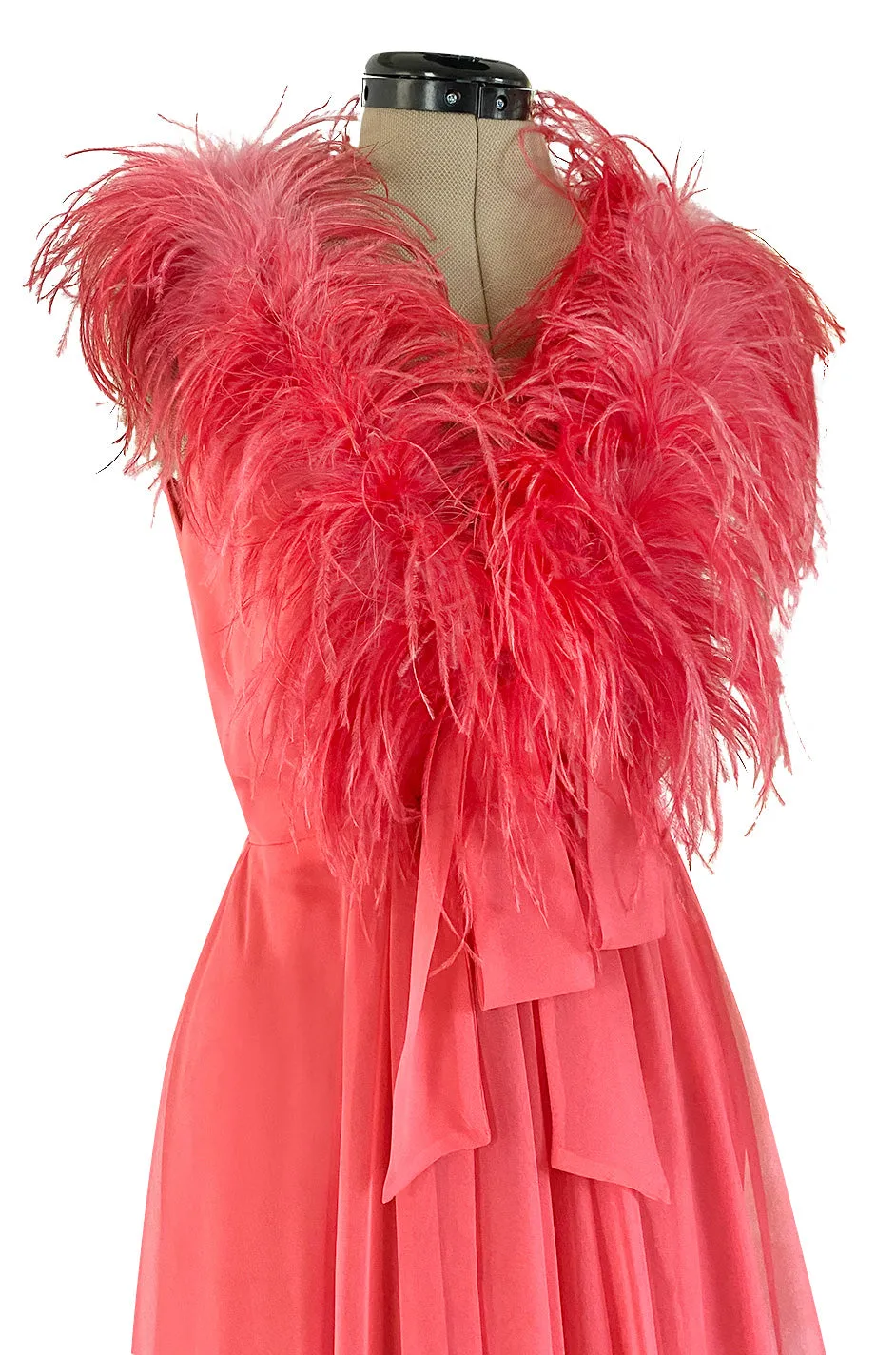 1970s Jack Bryan Bright Coral Pink Chiffon Dress w Feather Detailed Bodice