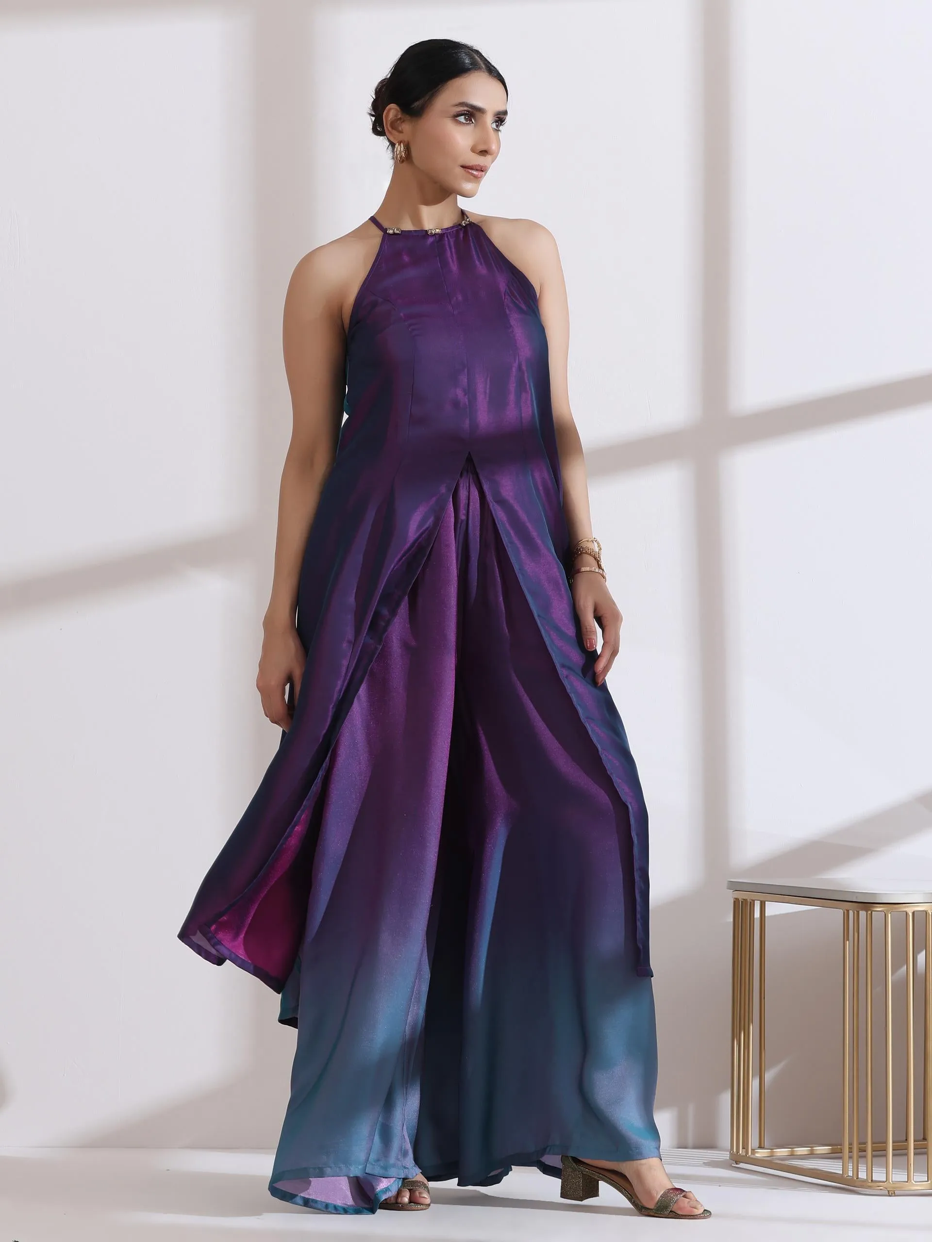 2 Pc Set - Rarity Chiffon Satin Ombre Halter Kurta With Beads And Palazzo Pants