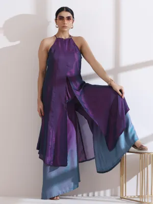 2 Pc Set - Rarity Chiffon Satin Ombre Halter Kurta With Beads And Palazzo Pants