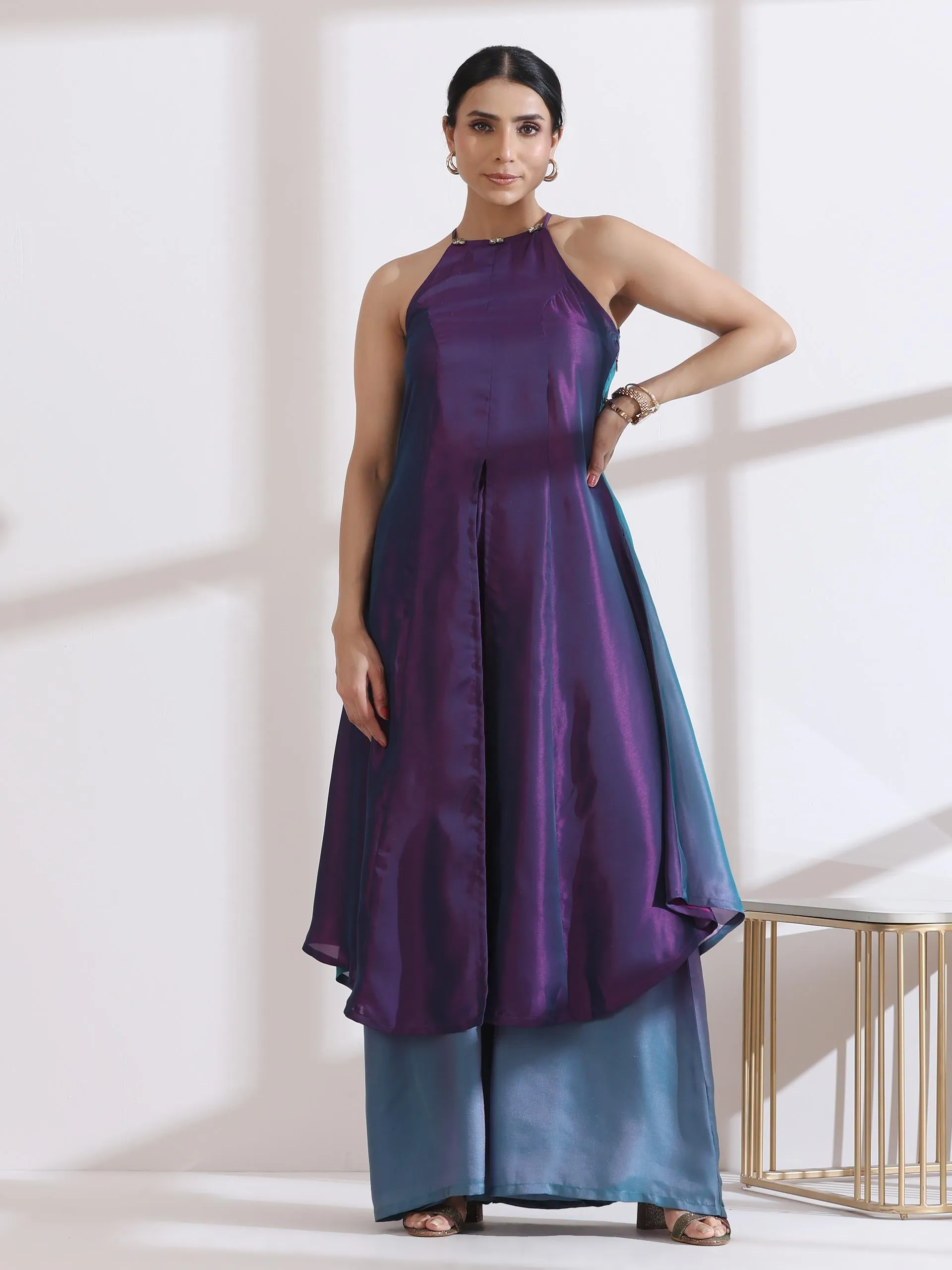 2 Pc Set - Rarity Chiffon Satin Ombre Halter Kurta With Beads And Palazzo Pants