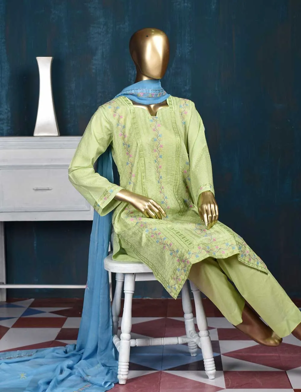 3 Pc Printed and Embroidered Cotton Dress with Embroidered Chiffon Dupatta - Frontline (CE-3B-Pista)