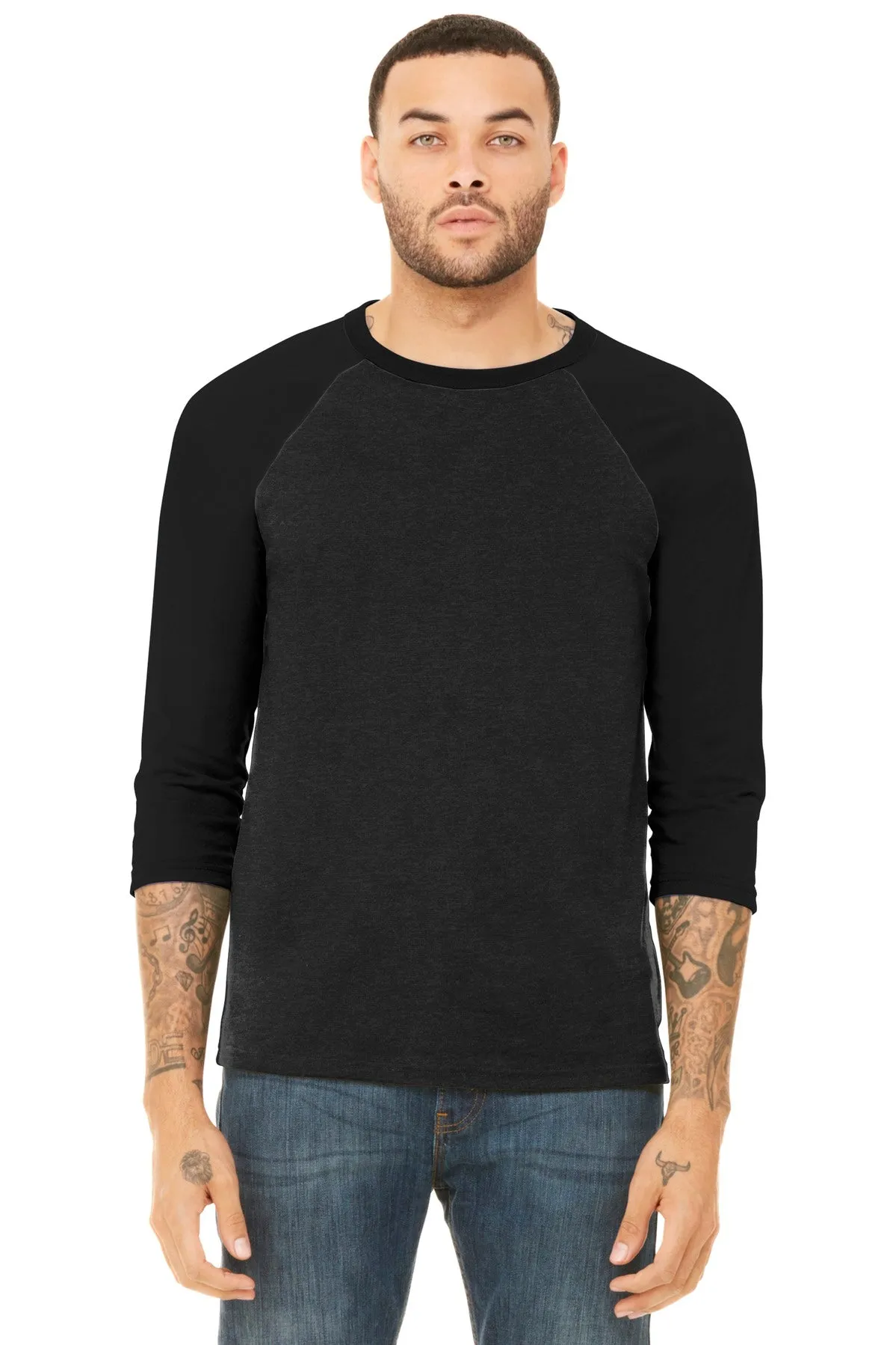 BELLA CANVAS  Unisex 3/4-Sleeve Baseball Tee. BC3200 Black Heather/ Black