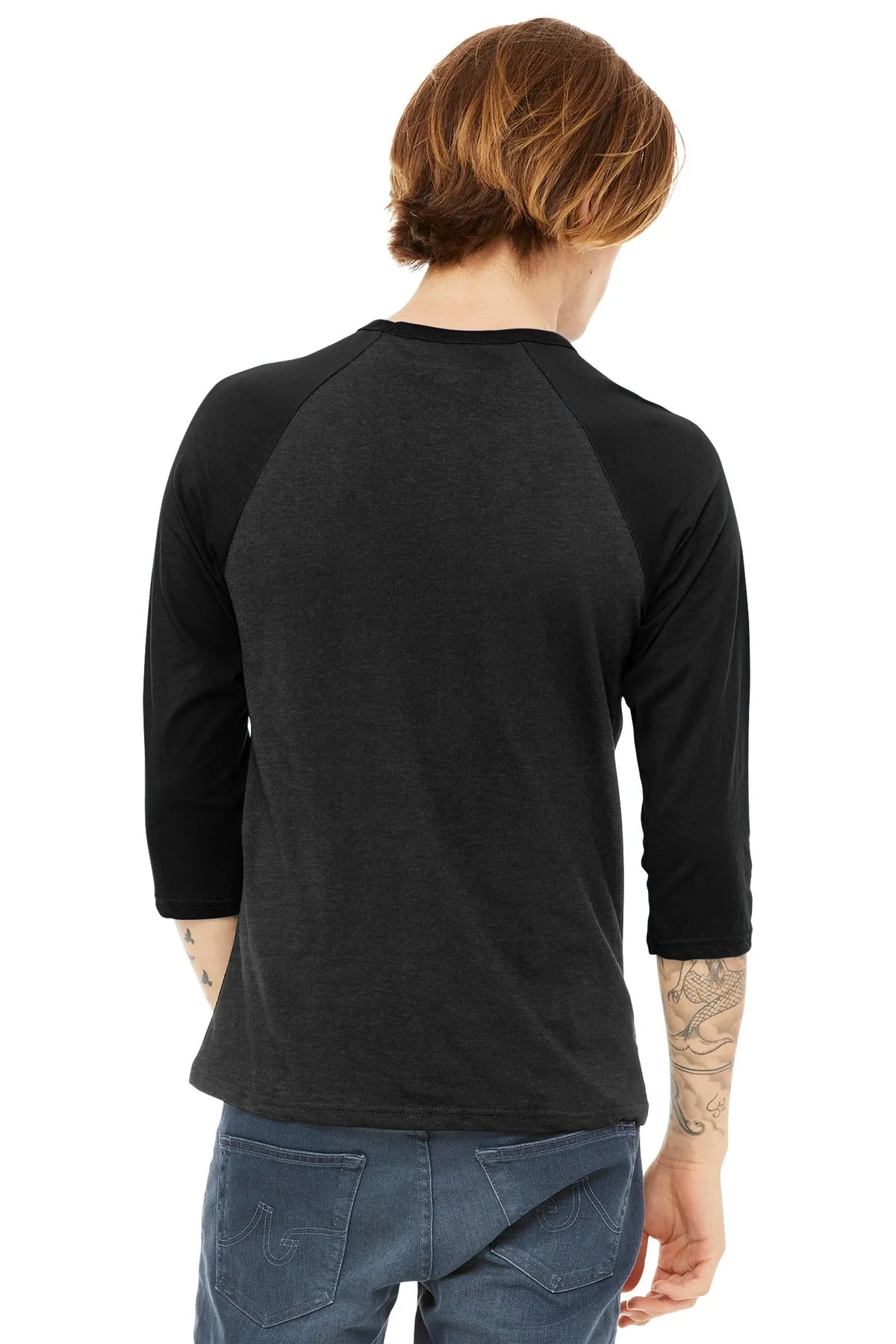 BELLA CANVAS  Unisex 3/4-Sleeve Baseball Tee. BC3200 Black Heather/ Black