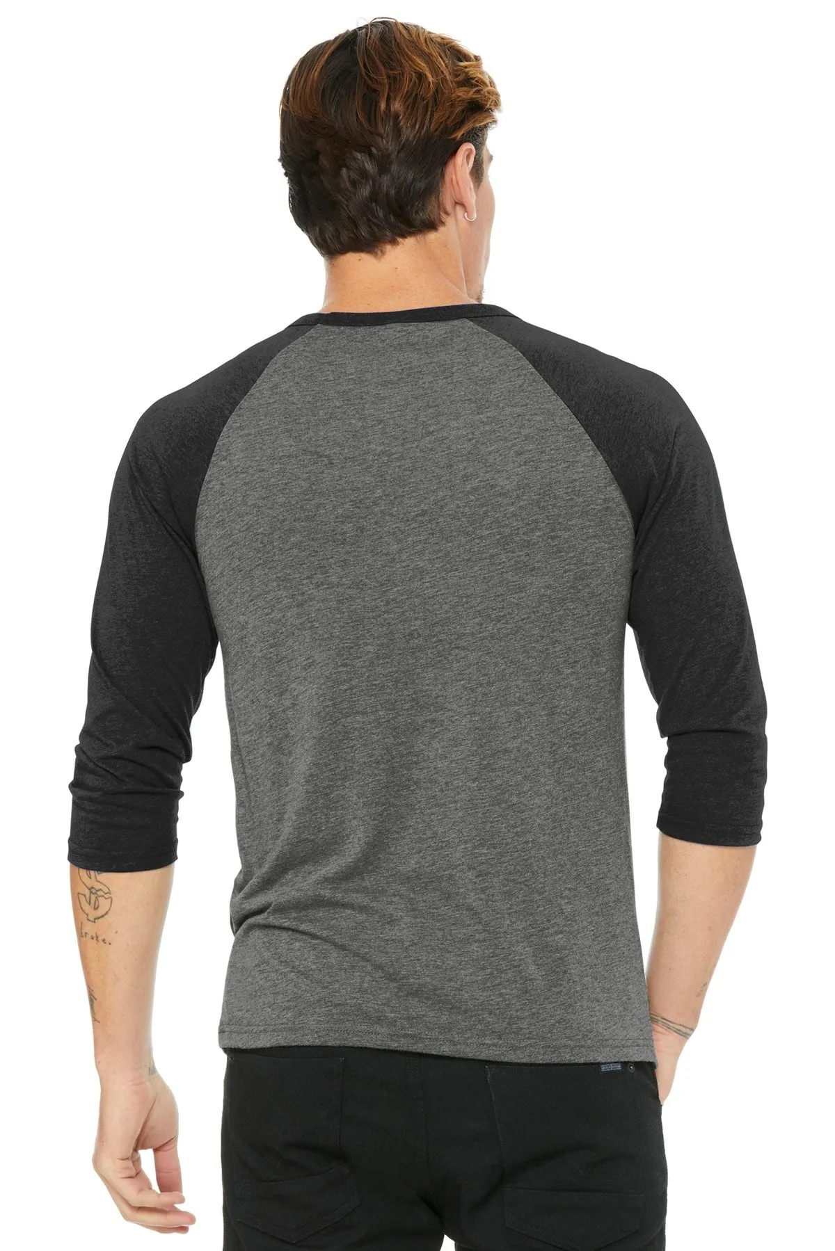 BELLA CANVAS  Unisex 3/4-Sleeve Baseball Tee. BC3200 Grey/ Charcoal-Black Triblend