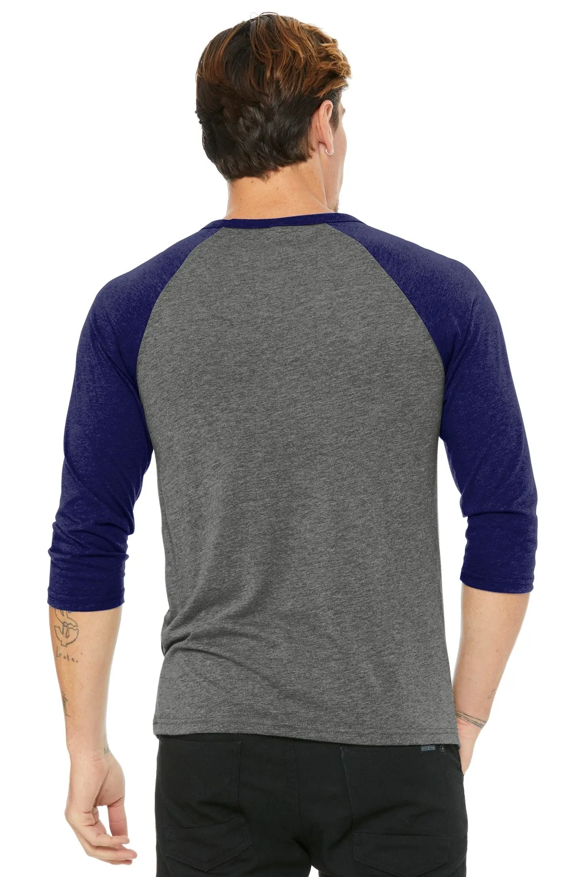 BELLA CANVAS  Unisex 3/4-Sleeve Baseball Tee. BC3200 Grey/ Navy Triblend