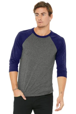 BELLA CANVAS  Unisex 3/4-Sleeve Baseball Tee. BC3200 Grey/ Navy Triblend