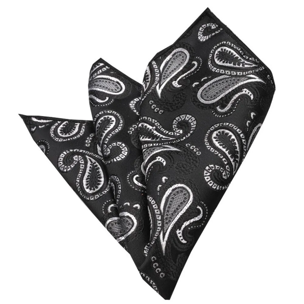 Black Grey Paisley Mens Pocket Square - Premium Silk Handkerchiefs for Suits