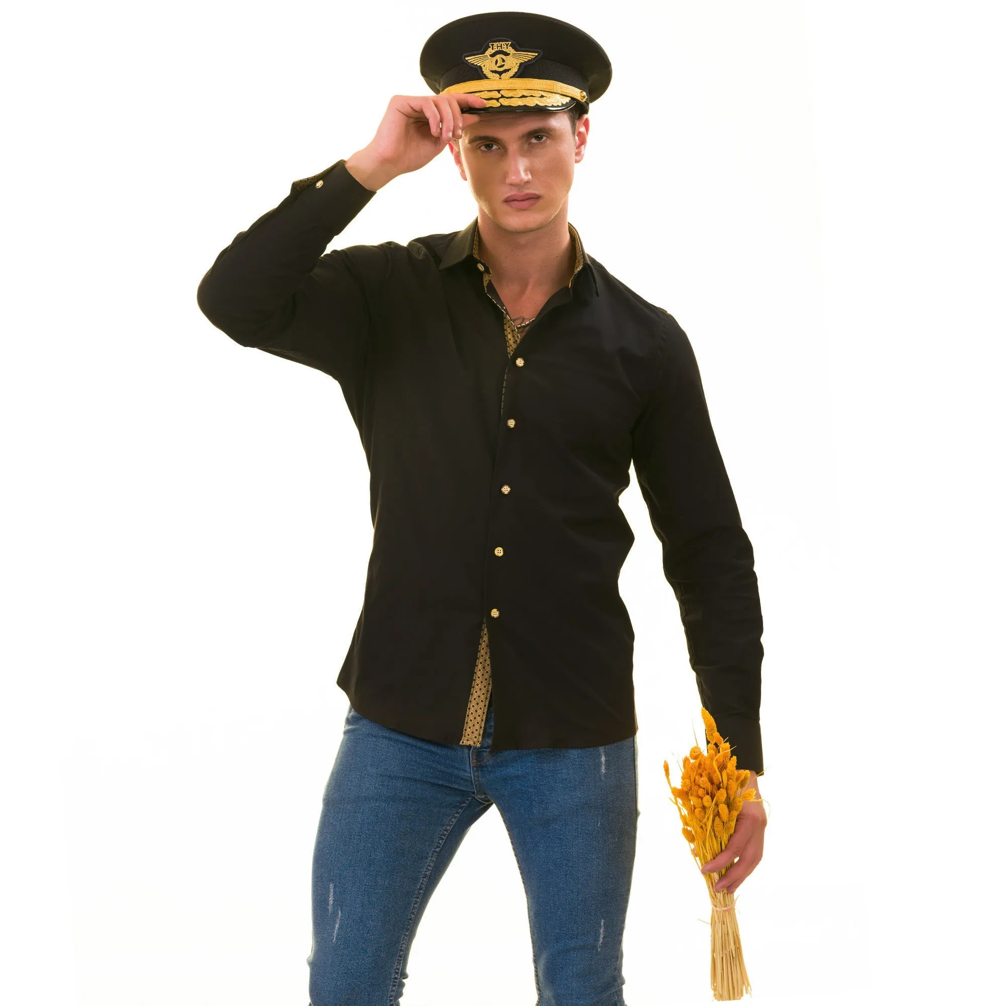 Black with inside Gold Men's Slim Fit Designer Shirt - Tailored Cotton
