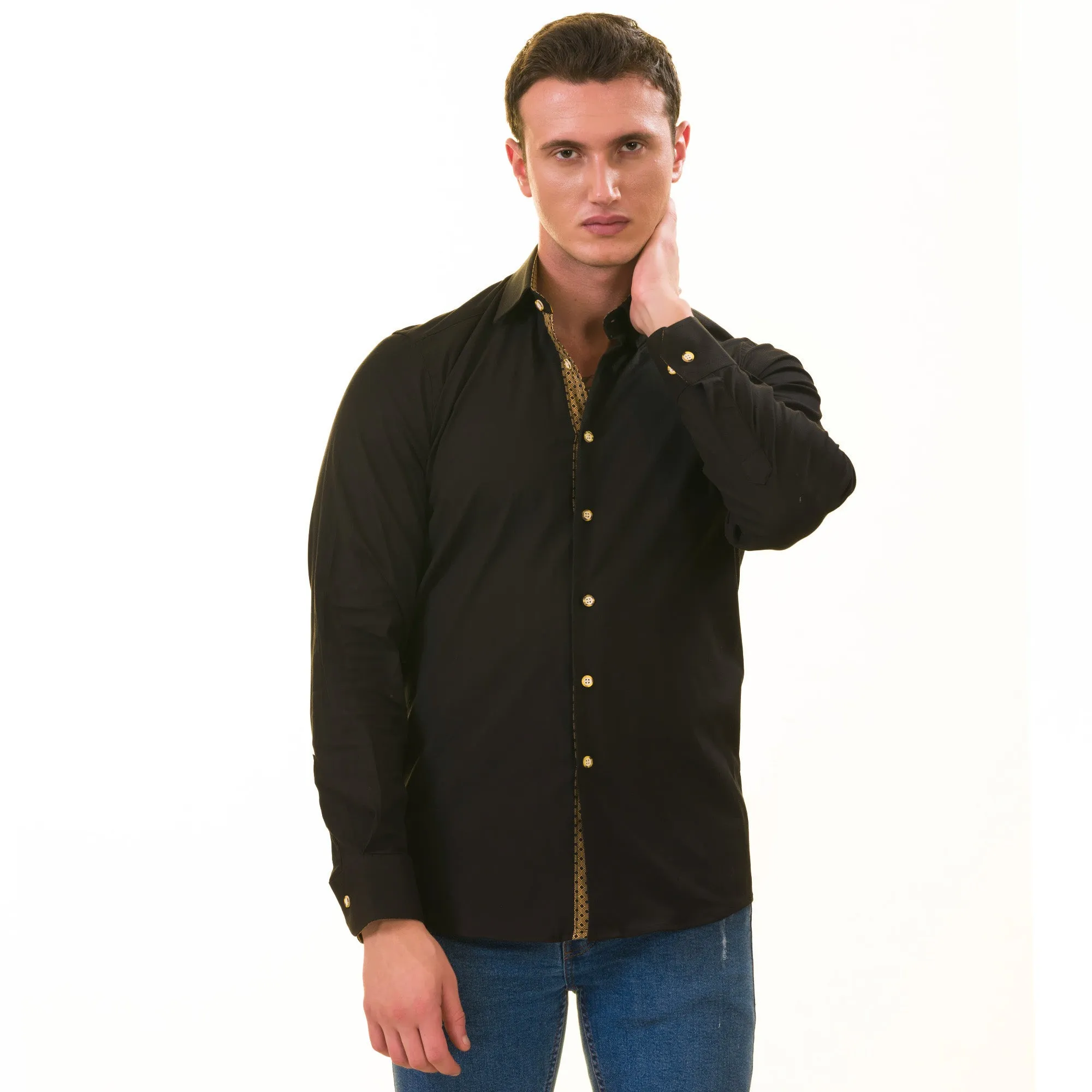 Black with inside Gold Men's Slim Fit Designer Shirt - Tailored Cotton