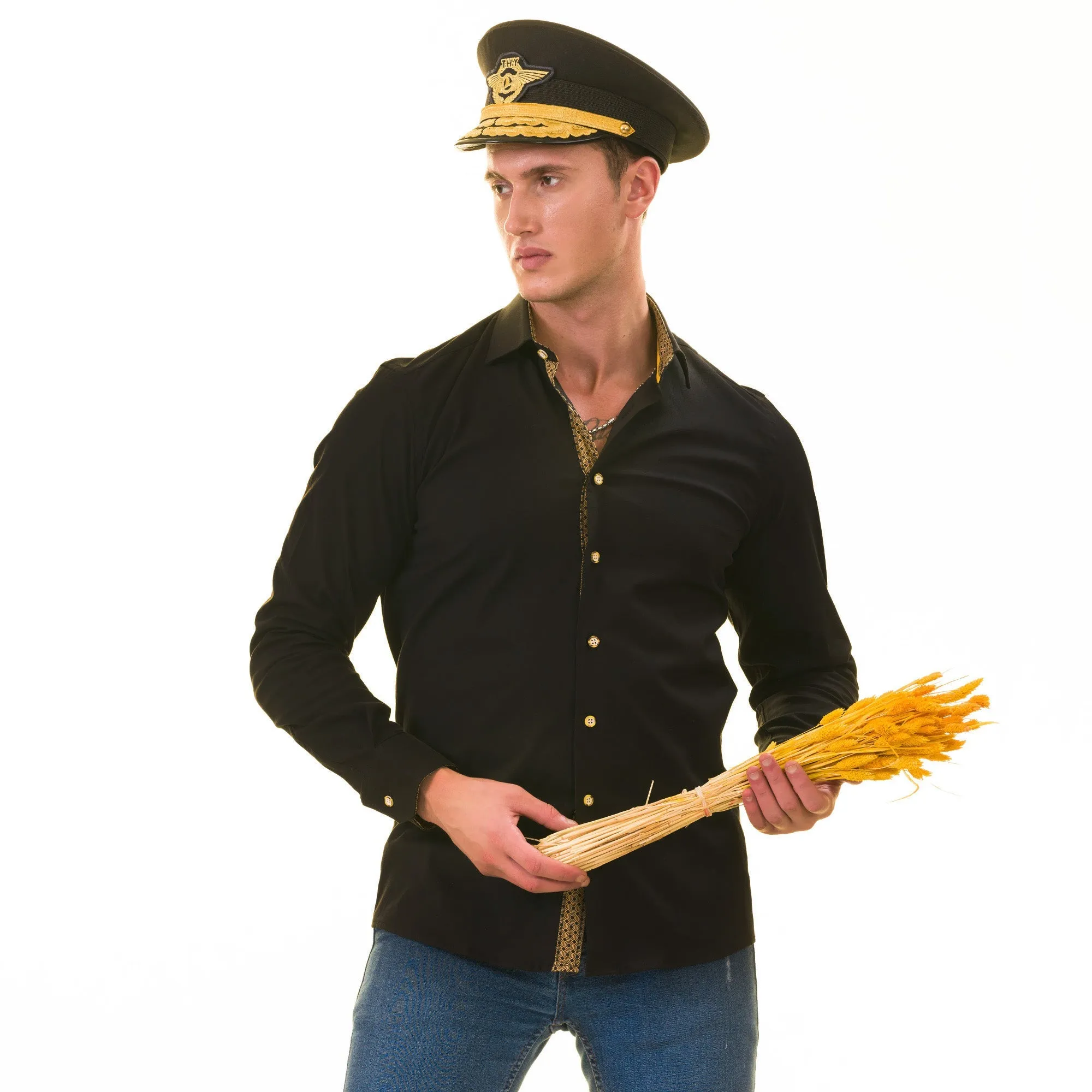 Black with inside Gold Men's Slim Fit Designer Shirt - Tailored Cotton