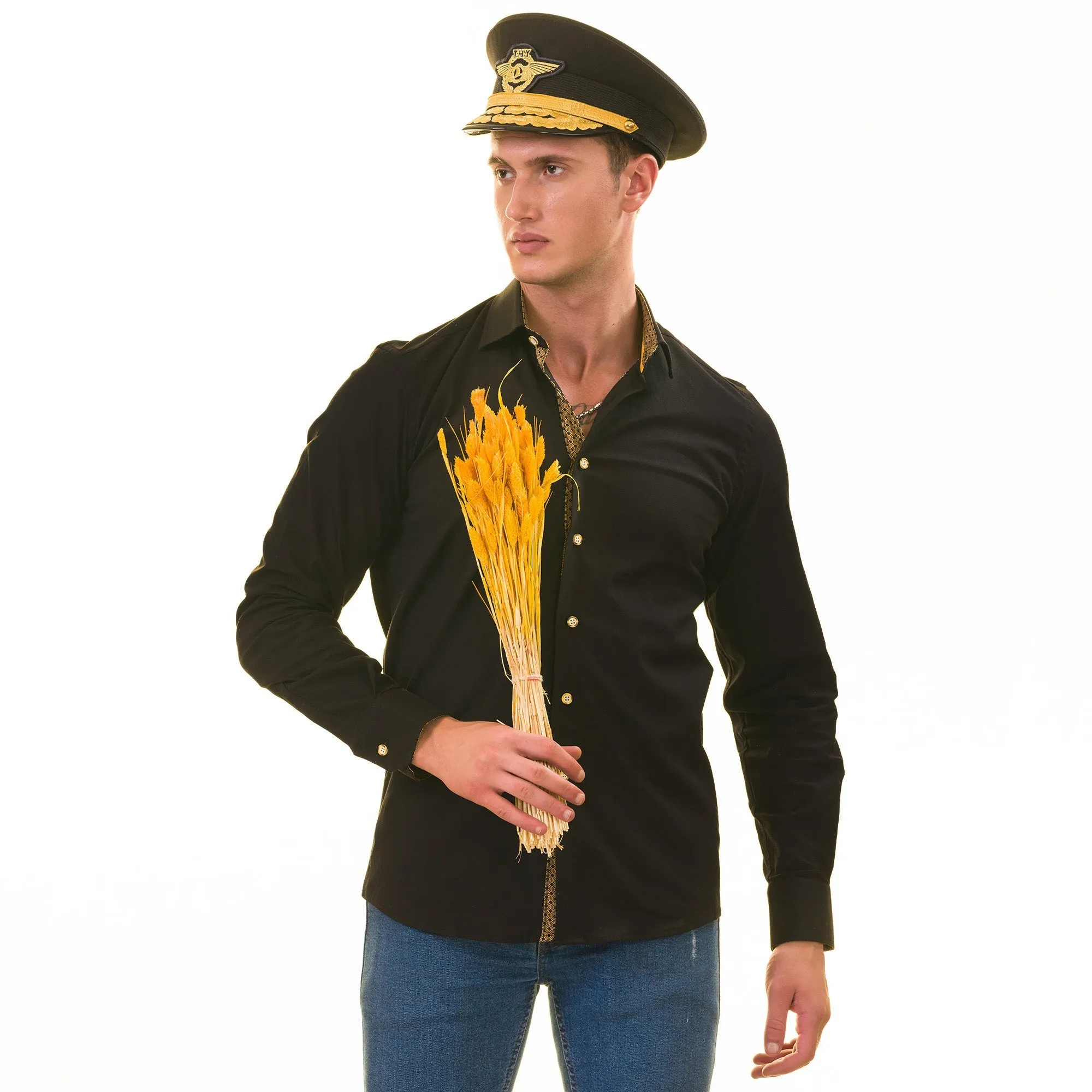 Black with inside Gold Men's Slim Fit Designer Shirt - Tailored Cotton
