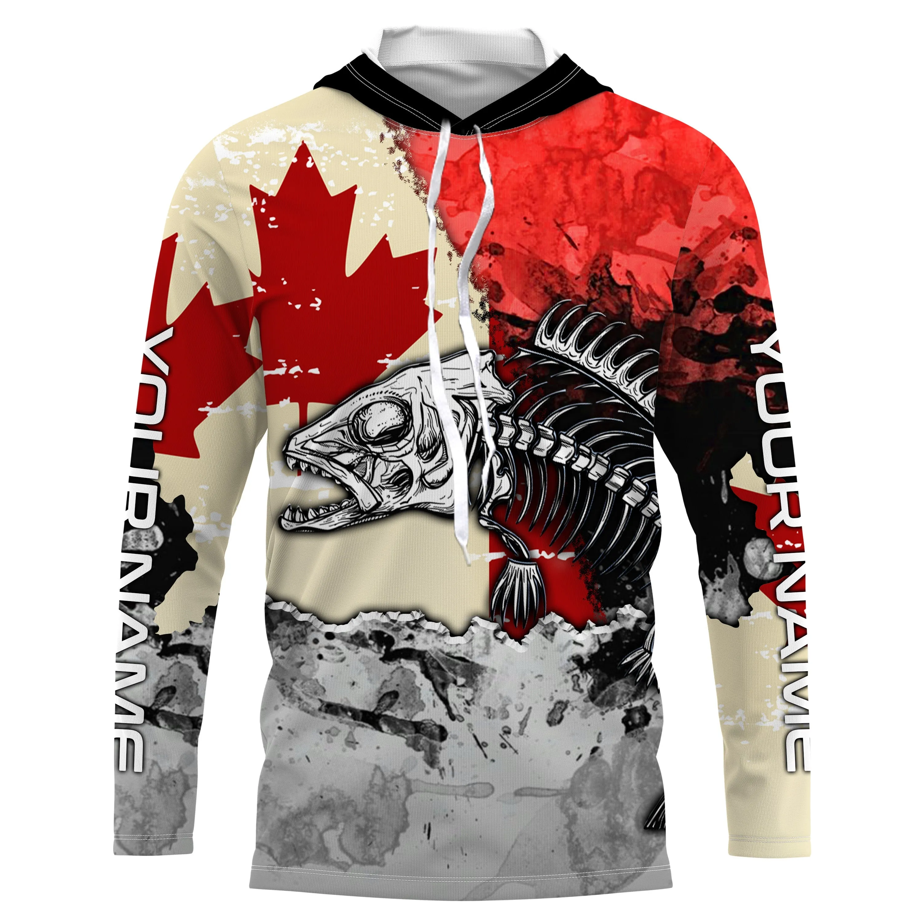 Canada Flag Fish Skeleton Custom name Long Sleeve tournament Fishing jerseys Shirts UPF 30  for Fisherman TTS0394