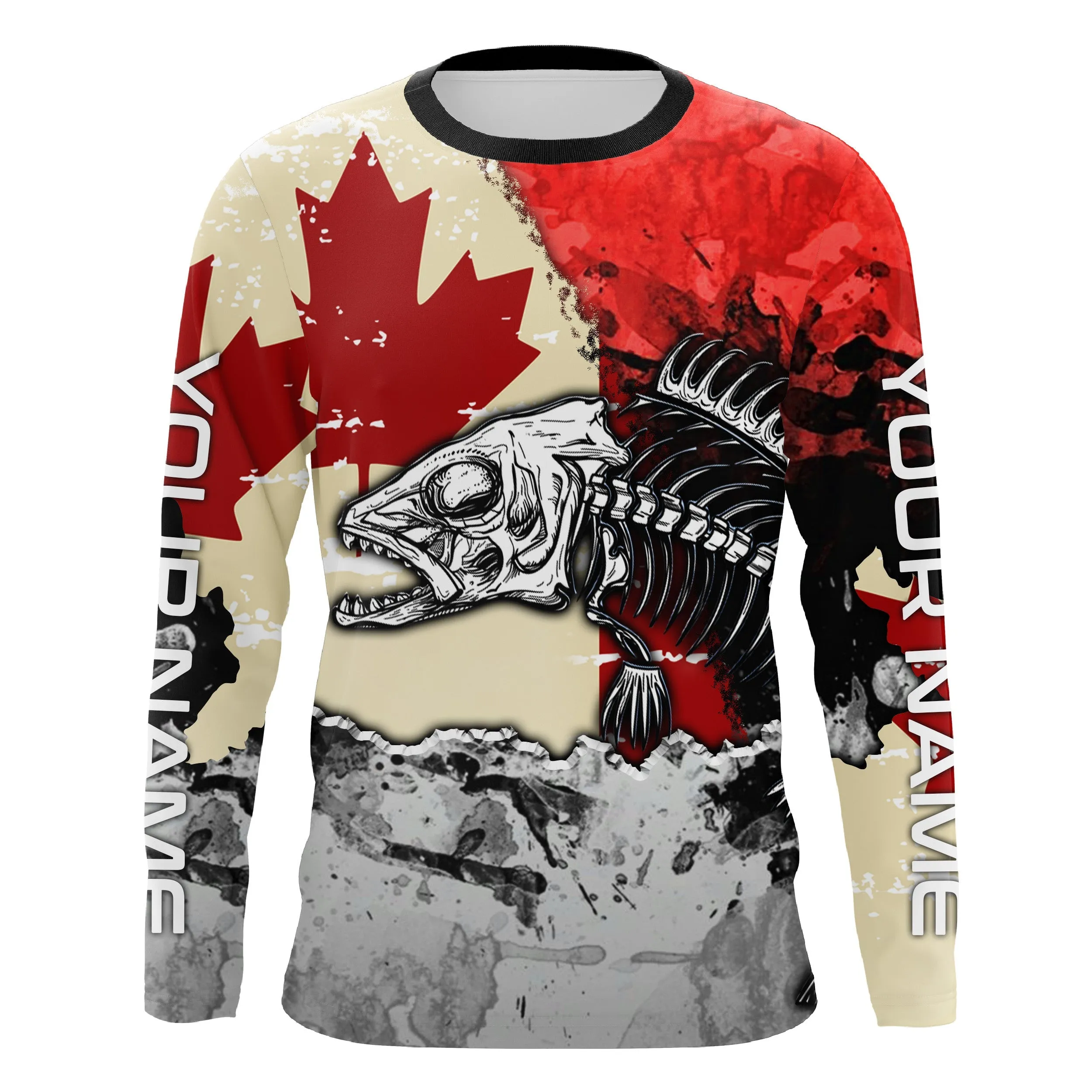 Canada Flag Fish Skeleton Custom name Long Sleeve tournament Fishing jerseys Shirts UPF 30  for Fisherman TTS0394