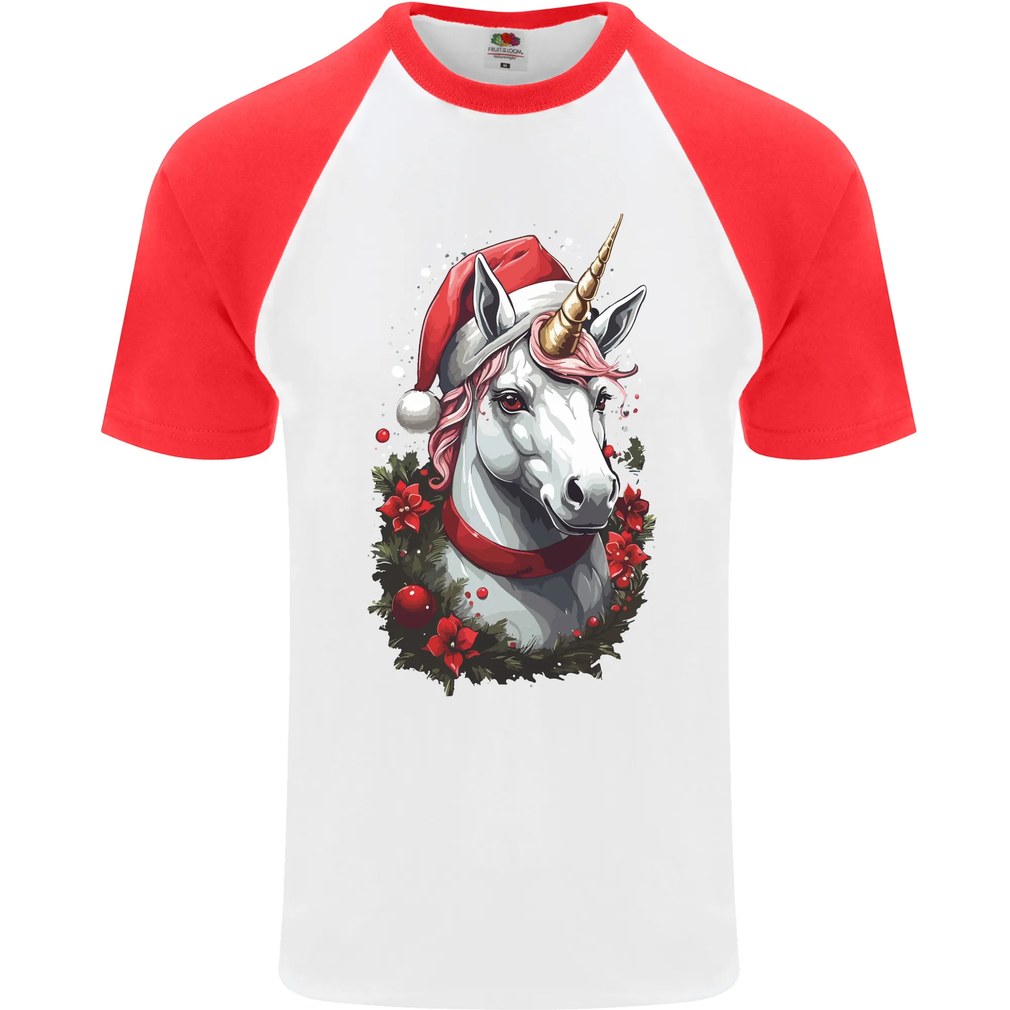 Christmas Unicorn Wreath Xmas Mens S/S Baseball T-Shirt