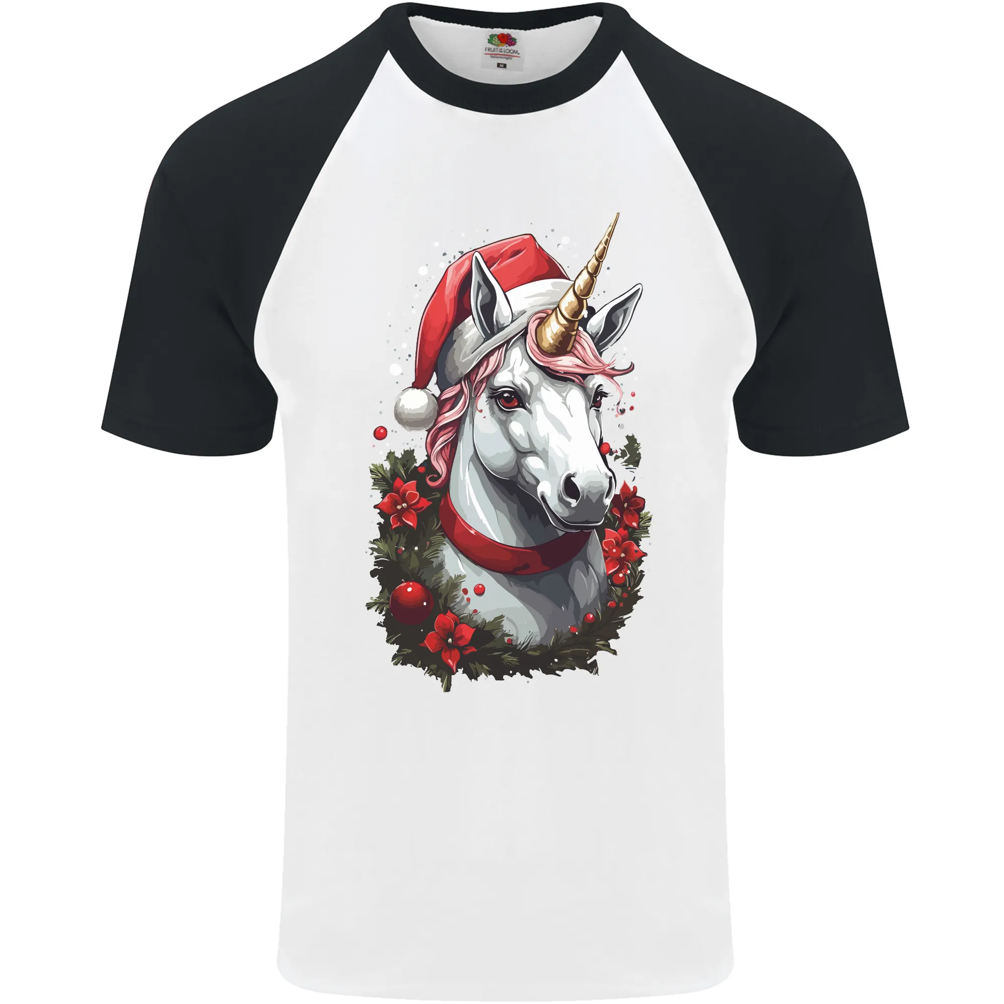 Christmas Unicorn Wreath Xmas Mens S/S Baseball T-Shirt