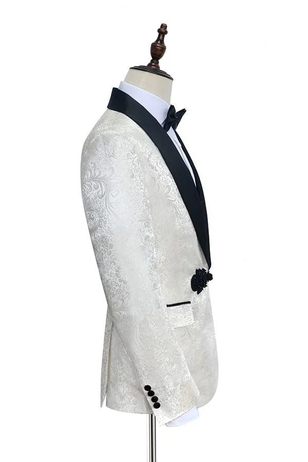 Classic Knitted Button Black Shawl Lapel Three Piece White Jacquard Wedding Tuxedo for Men