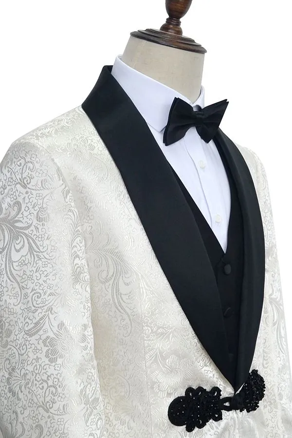 Classic Knitted Button Black Shawl Lapel Three Piece White Jacquard Wedding Tuxedo for Men