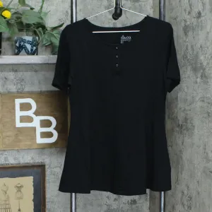 Denim & Co. Essentials Round Neck Fit And Flare Henley Knit Top Black Small