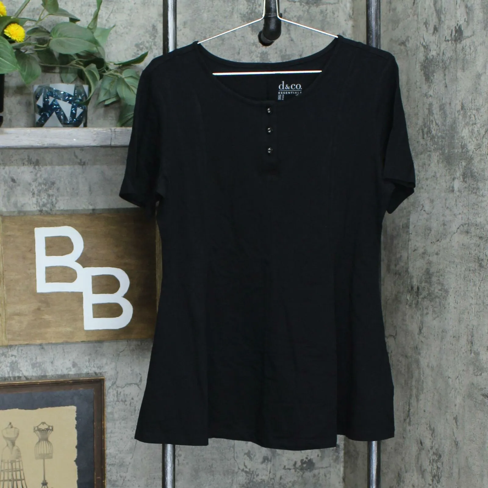 Denim & Co. Essentials Round Neck Fit And Flare Henley Knit Top Black Small