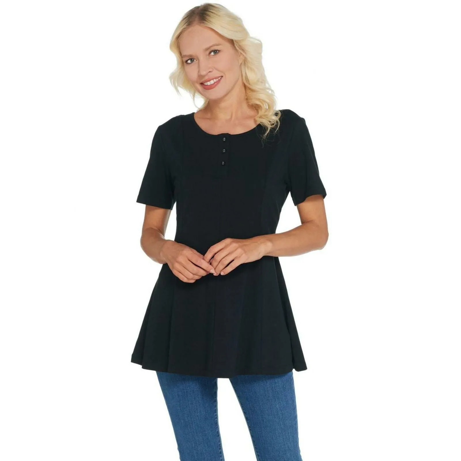 Denim & Co. Essentials Round Neck Fit And Flare Henley Knit Top Black Small