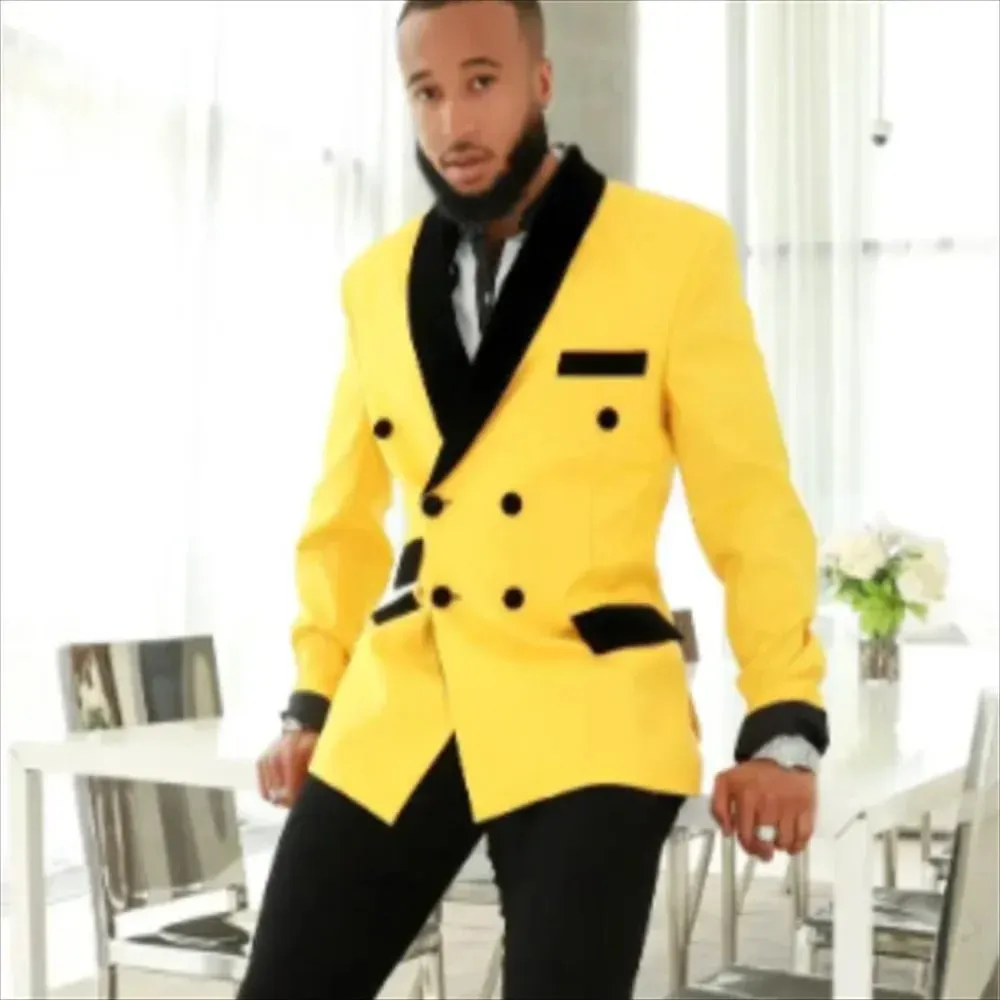 Fashion Men's blazer Slim Elegant Velvet Shawl Lapel Double Breasted Suit Coat Prom Party Wedding Male Jacket Only 1 Piece