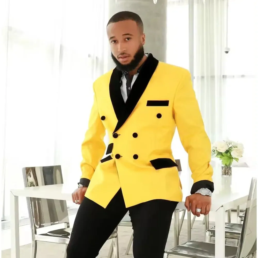 Fashion Men's blazer Slim Elegant Velvet Shawl Lapel Double Breasted Suit Coat Prom Party Wedding Male Jacket Only 1 Piece