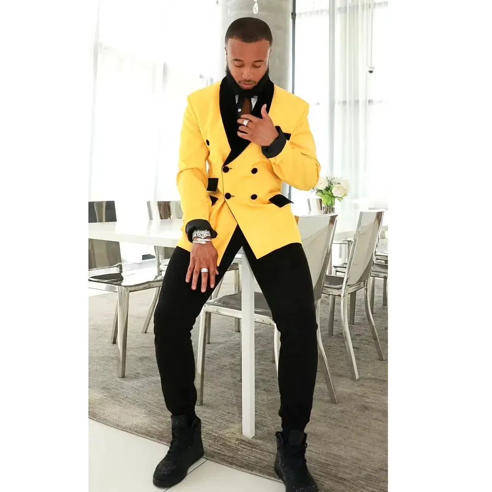 Fashion Men's blazer Slim Elegant Velvet Shawl Lapel Double Breasted Suit Coat Prom Party Wedding Male Jacket Only 1 Piece
