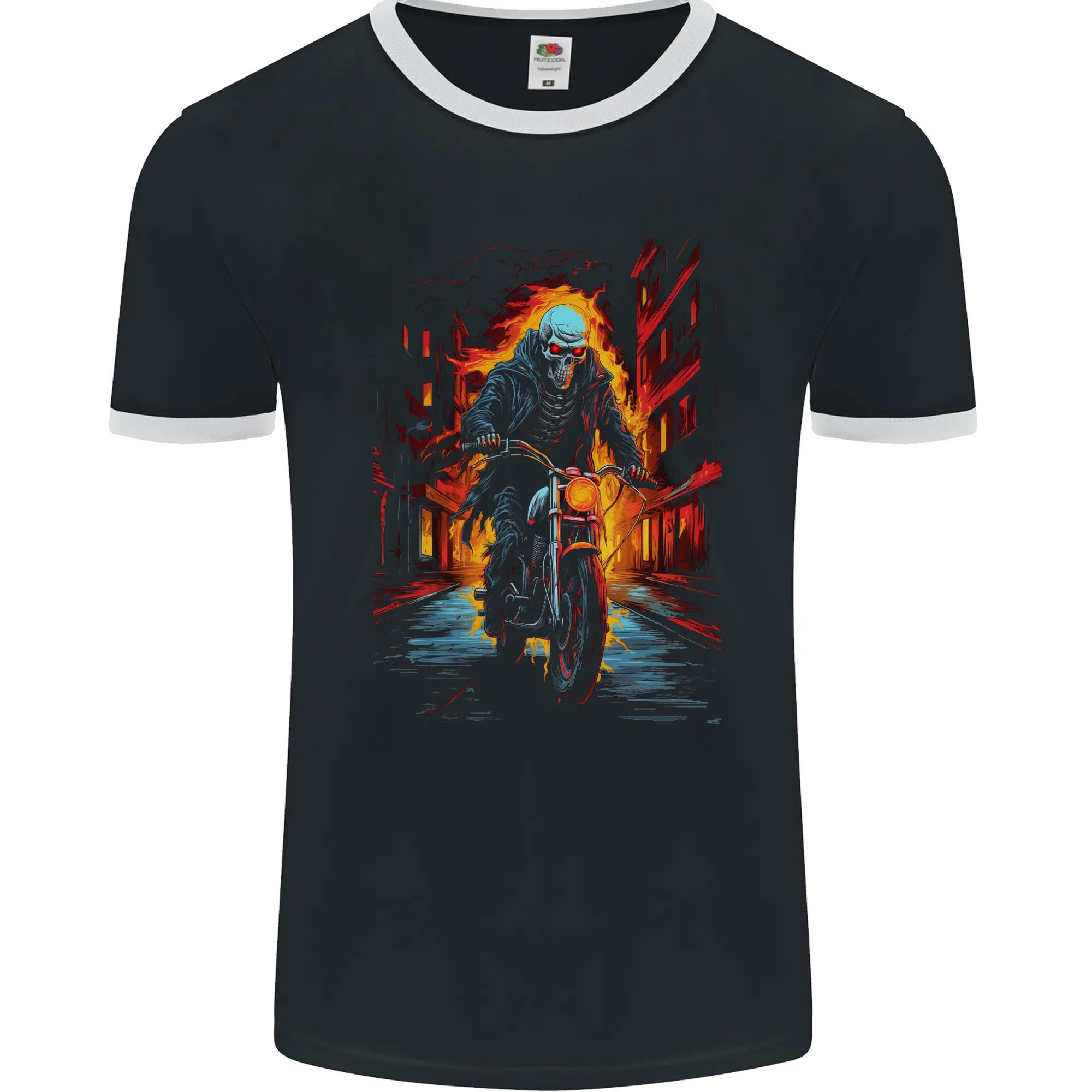 Fire Skull Rider Cafe Racer Motorcycle Biker Mens Ringer T-Shirt FotL