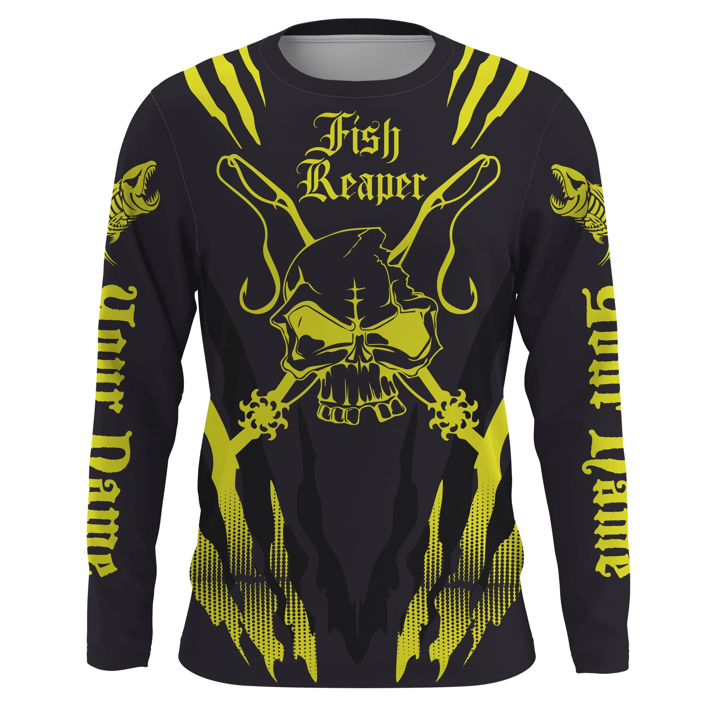 Fish reaper Custom Long Sleeve performance Fishing Shirts, Skull Fishing jerseys | yellow IPHW3058