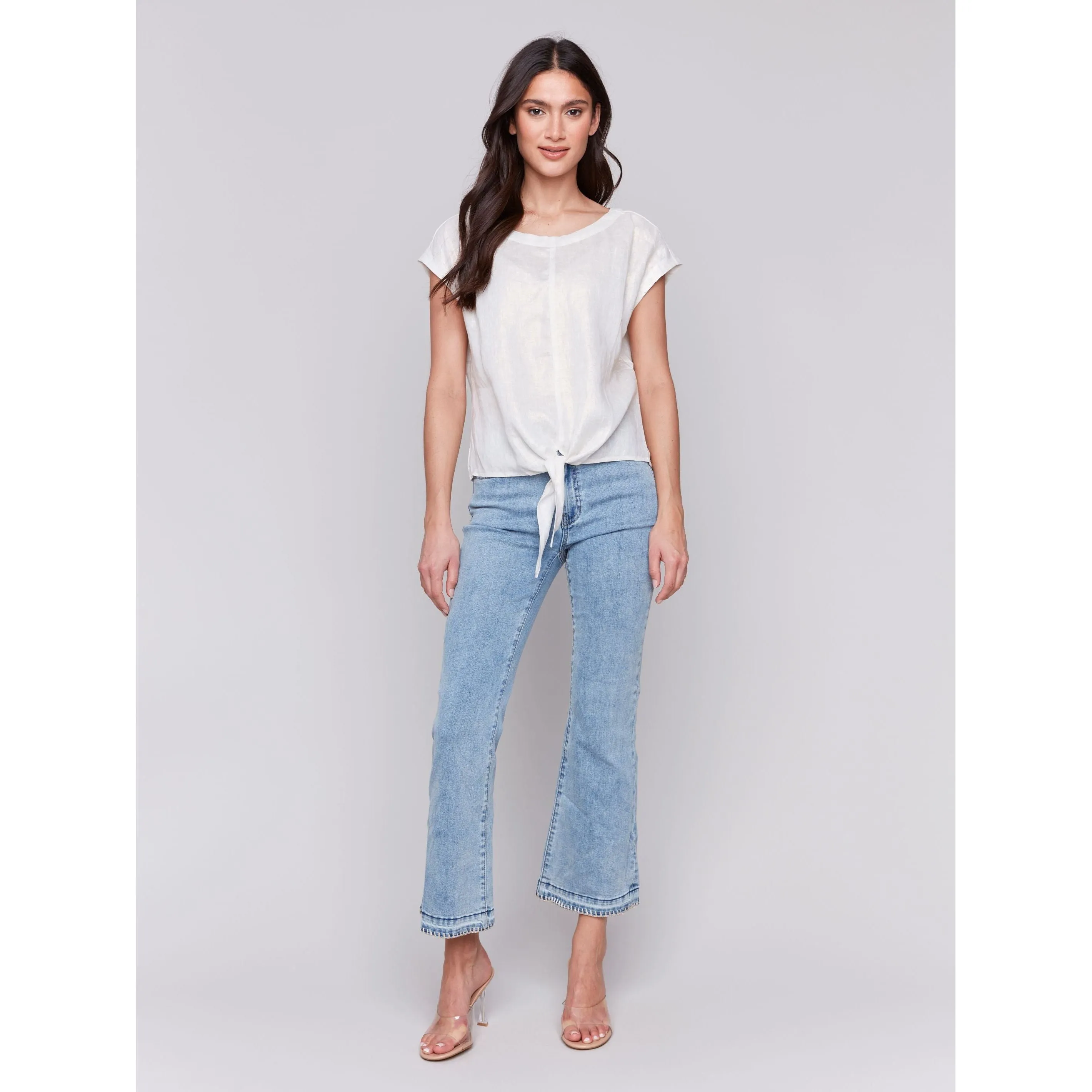 Foiled Linen Blend Tie-Front Blouse