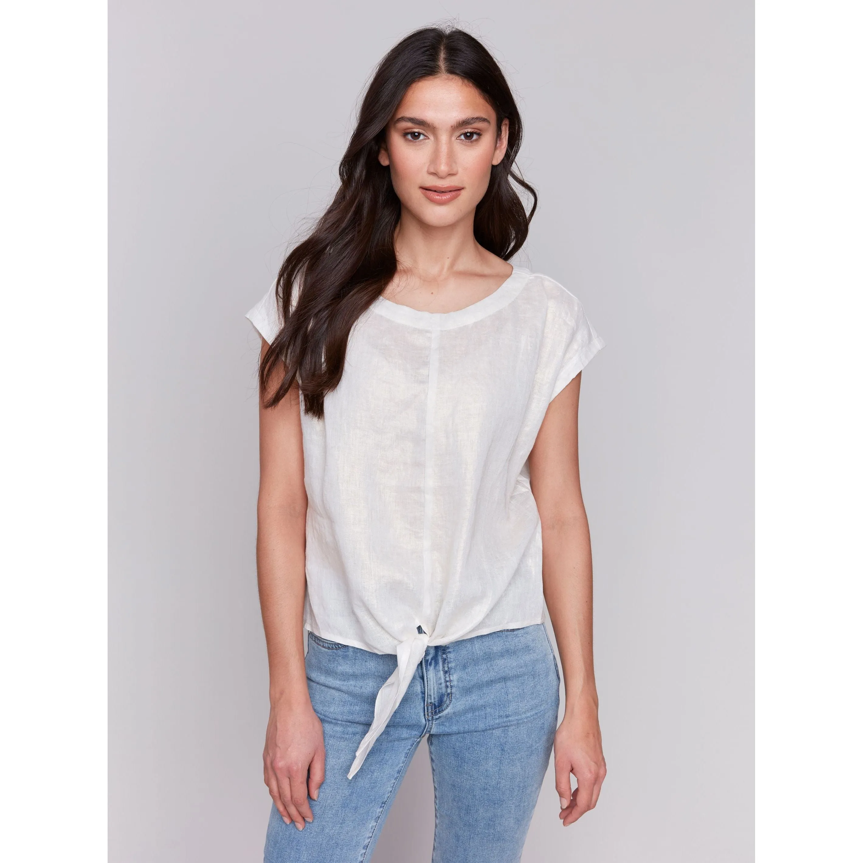 Foiled Linen Blend Tie-Front Blouse