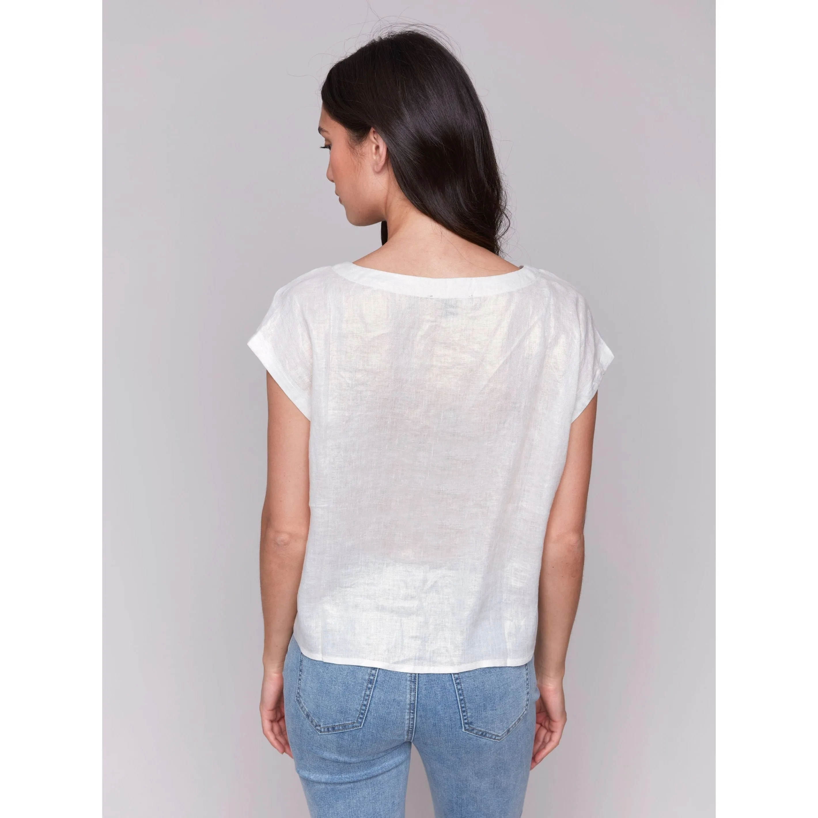 Foiled Linen Blend Tie-Front Blouse