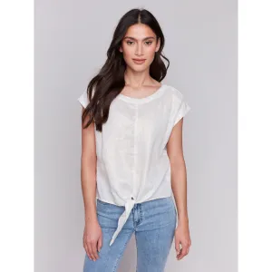 Foiled Linen Blend Tie-Front Blouse
