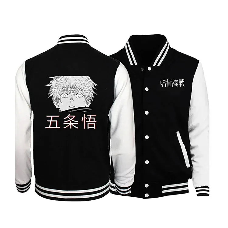 Japanese anime Jujutsu Kaisen Gojo Satoru Baseball Uniform Jacket Men Hip Hop Clothing Fleece Warm Sportswear Oversized Coat