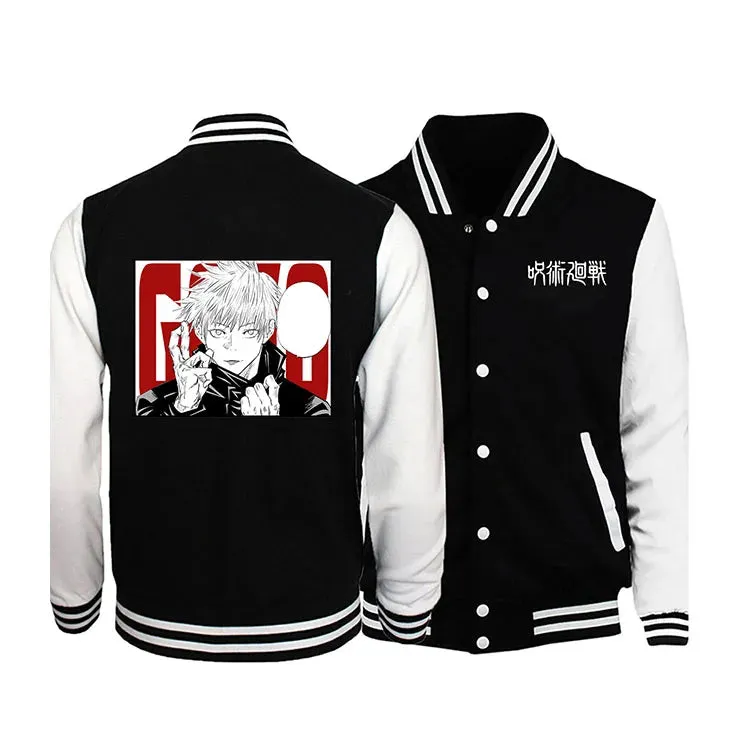 Japanese anime Jujutsu Kaisen Gojo Satoru Baseball Uniform Jacket Men Hip Hop Clothing Fleece Warm Sportswear Oversized Coat
