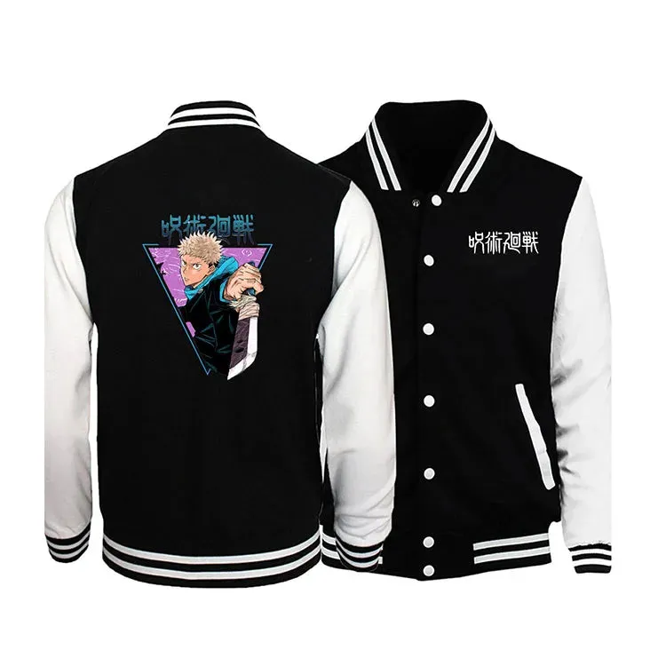 Japanese anime Jujutsu Kaisen Gojo Satoru Baseball Uniform Jacket Men Hip Hop Clothing Fleece Warm Sportswear Oversized Coat
