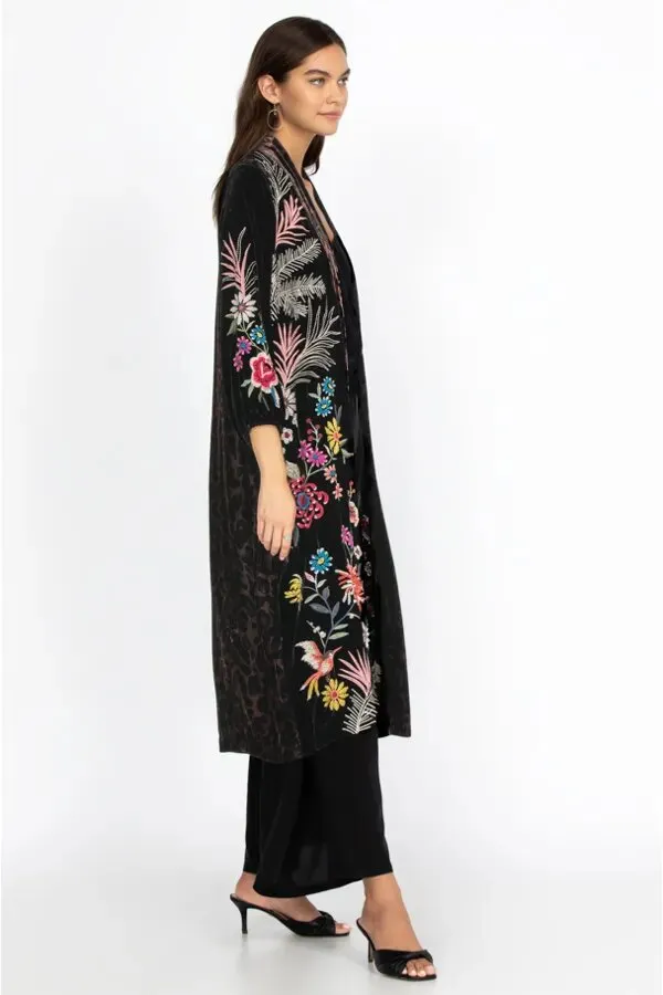 Johnny Was Tiarei Velvet Bishop Sleeve Kimono Coat Floral Embroidery Black New