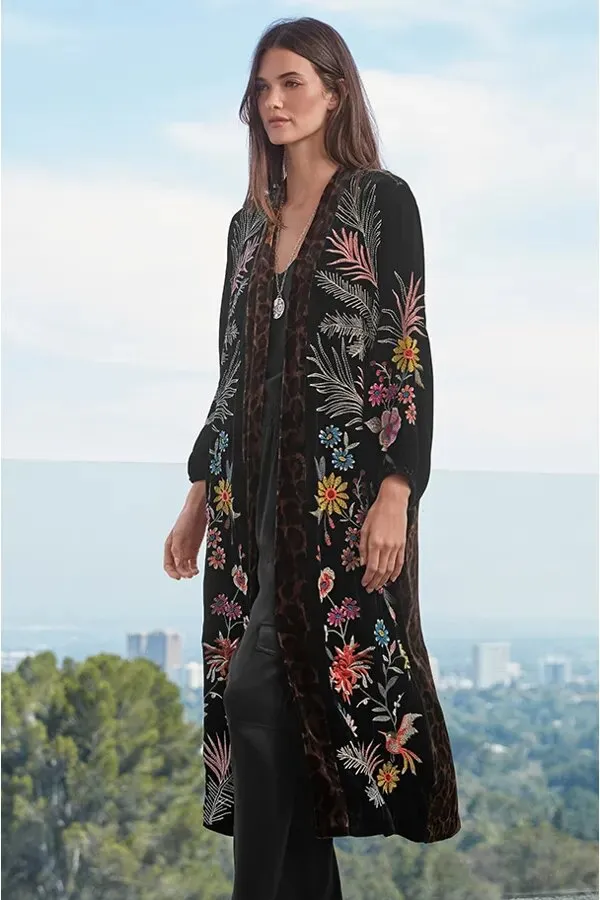 Johnny Was Tiarei Velvet Bishop Sleeve Kimono Coat Floral Embroidery Black New