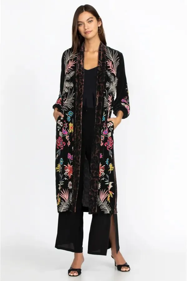 Johnny Was Tiarei Velvet Bishop Sleeve Kimono Coat Floral Embroidery Black New