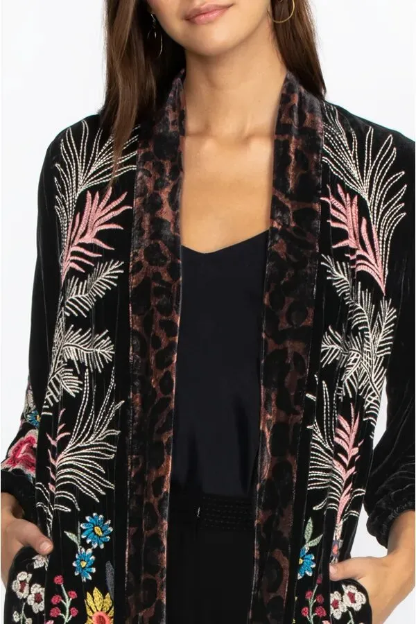 Johnny Was Tiarei Velvet Bishop Sleeve Kimono Coat Floral Embroidery Black New